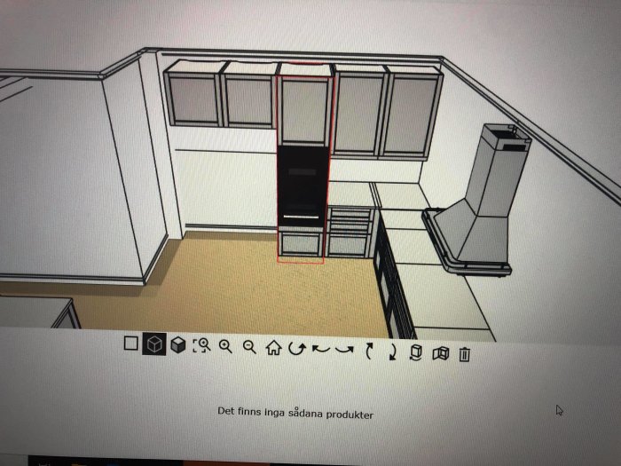 3D-rendering av ett hörnkök med ljusgrå skåp, kompositbänkskiva, synlig köksfläkt och plats för kyl och frys.