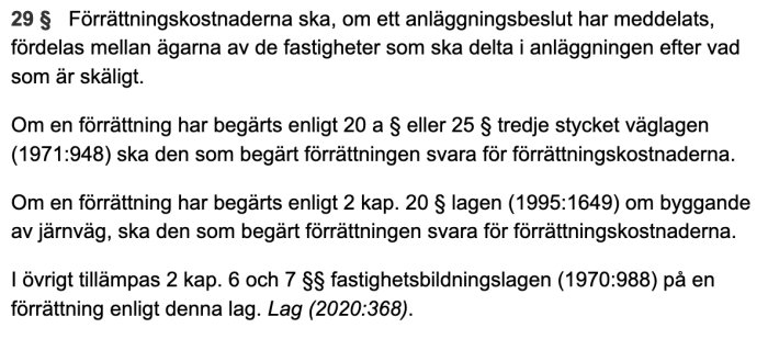 Skärmdump av lagtext relaterad till fördelning av förrättningskostnader enligt anläggningslagen och fastighetsbildningslagen.