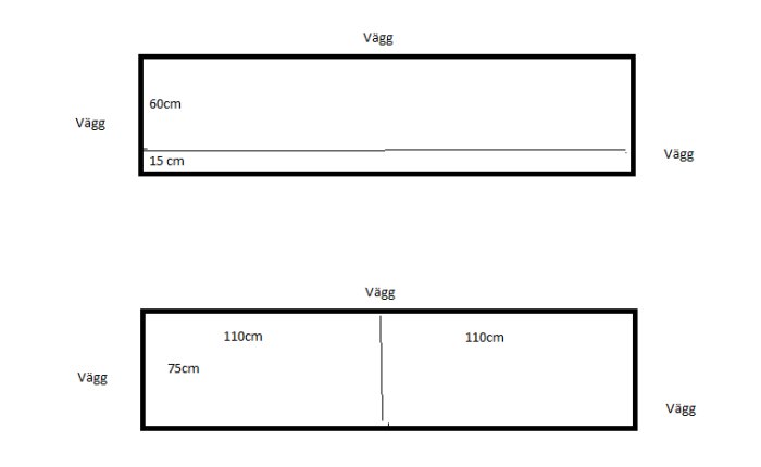 Två skissade planlösningar för skrivbord med måttangivelser och position mellan väggar.