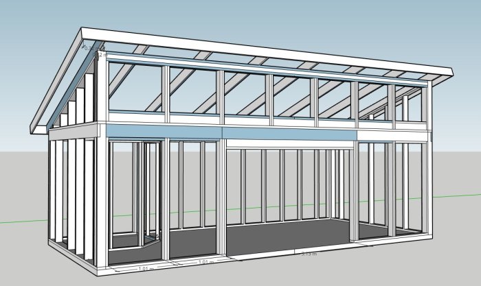 3D-modell av trästomme för attefallshus med markerade mått och öppningar för skjutdörrar och fönster.