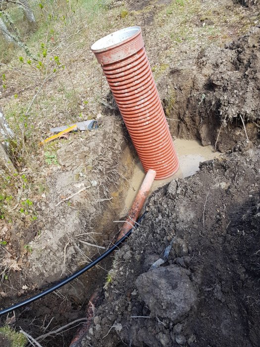 Grävd brunn med plastkorrugerad rör till bergvärmesystem i en jordgrop.