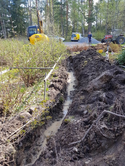 Grävd schakt för bergvärme med grävmaskin och man i bakgrunden på byggplats.