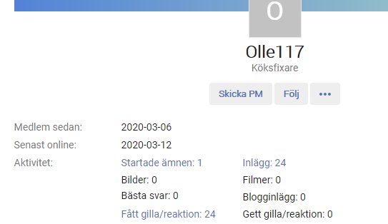 Användarprofil för "Olle117" med statistik och alternativet att skicka privat meddelande eller följa.