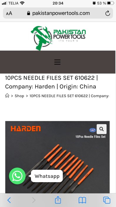 Skärmdump av en produktsida för 10st nålfilar från Harden på pakistanpowertools.com med WhatsApp-knapp.