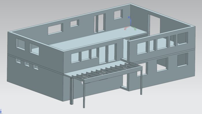 3D-modell av en byggnad med en utställd balkong med pelare och bjälklag, utan detaljer eller dimensioner.