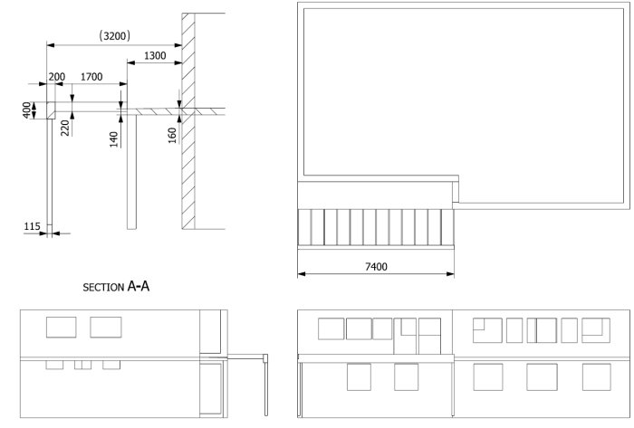 Teknisk ritning av en planerad balkongutbyggnad med måttangivelser.