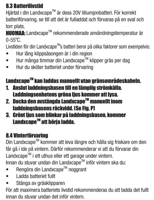 En närbild av en instruktionsmanual för batteriunderhåll och vinterförvaring för Landscape™ gräsklippare.