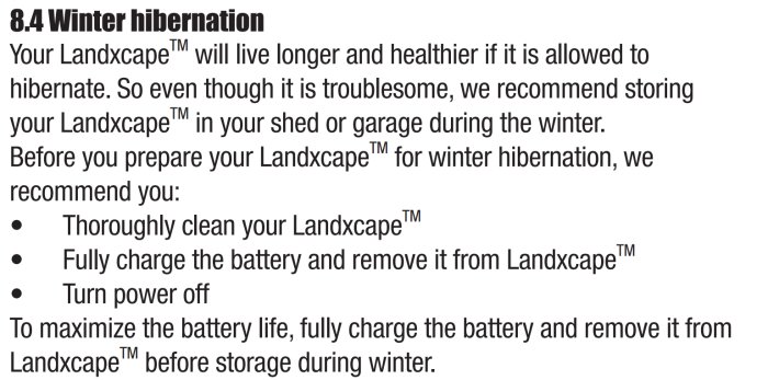 Instruktioner för vinterförvaring av Landxcape-robotgräsklippare, inklusive rengöring och batteriskötsel.