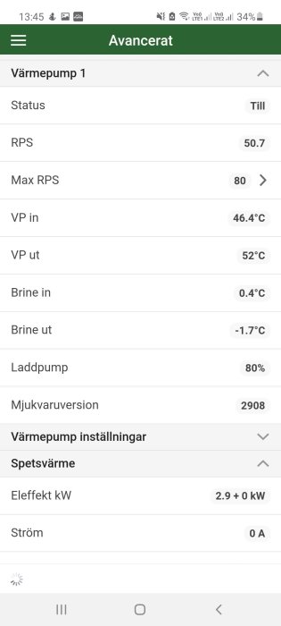 Skärmdump av driftdata för värmepump med temperaturer, varvtal och inställningar.