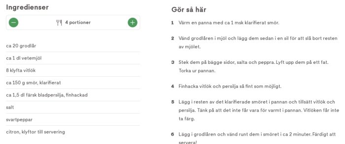 Skärmbild av ett recept med ingredienser och instruktioner för hur man tillagar en maträtt.