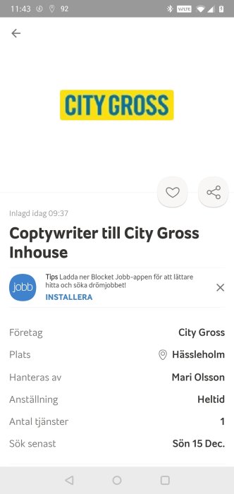 Skärmdump av jobbannons för en copywriter till City Gross med fokus på text och grafiska element.