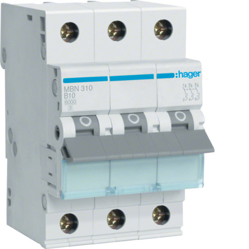 Hager MBN310 B10 säkringsautomat med tre poler för byggprojekt.
