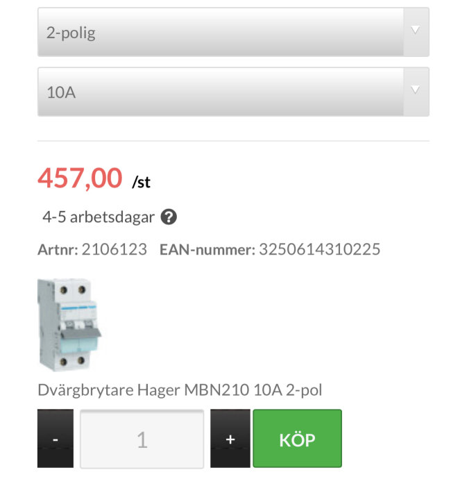 Hager MBN210 2-polig dvärgbrytare 10A med prisinformation och artikelnummer.