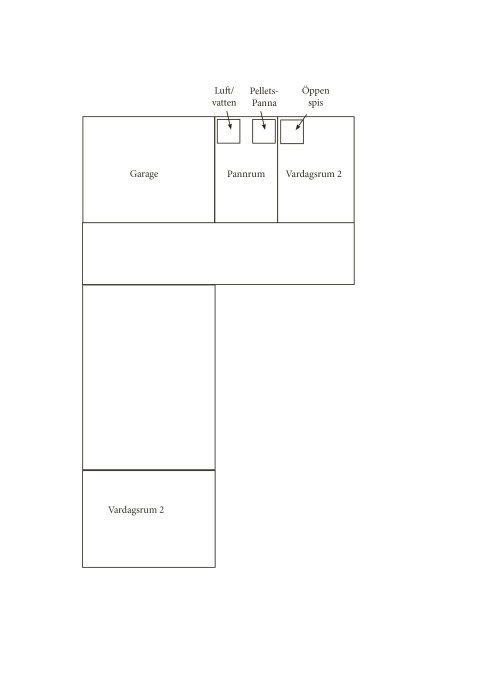 Planritning över hus med markeringar för luft/vattenvärmesystem, pelletsbrännare och öppen spis.