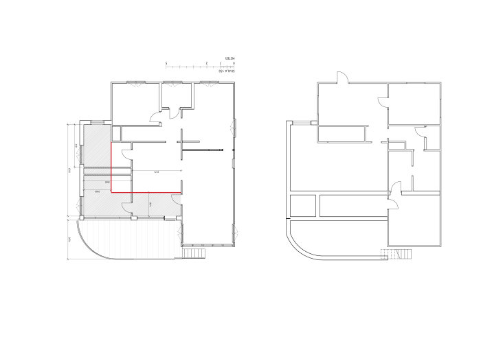 Arkitektritning över en husplanlösning med nuvarande och föreslagen utbyggnad markerad i rött och grått.