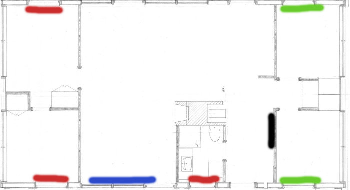 Ritning av husplan med färgkodade elementplatser: ett blått (2200w), flera röda (600w) och gröna (600w), svart markering för central.