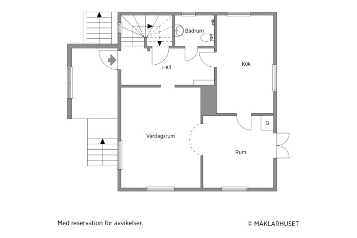 Svartvit ritning av en planlösning med kök, vardagsrum, badrum och ytterligare rum på entréplan i ett hus.