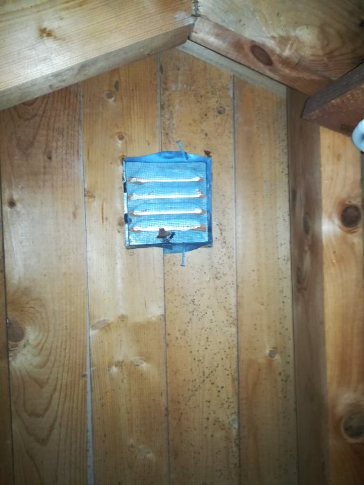 Trävägg med svarta prickar i ett hörn nära ett blått ventilstycke, indikerande mögel eller fuktproblem.