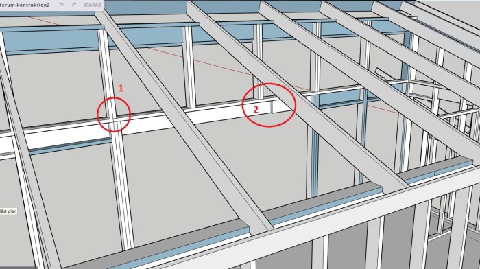 3D-ritning av takstol med markerade områden för diskussion om väggreglar och bärlina.