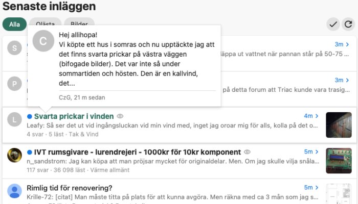Skärmdump av webbforum med uppdaterade funktioner såsom fetstyling av olästa trådar och nya navigeringsikoner.