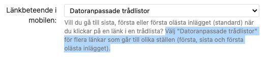 Skärmdump av inställningsmeny för 'Datoranpassade trådlistor' på ett diskussionsforum.