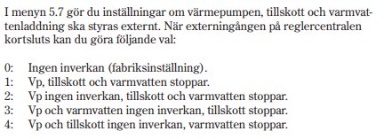 Skärmdump av text som beskriver hur externa ingångar på en värmepumps reglercentral kan styras med fyra olika inställningar.