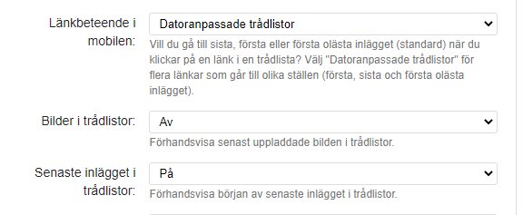 Skärmdump av en diskussionsforums inställningar för länkbeteende och bildvisning i trådlistor.