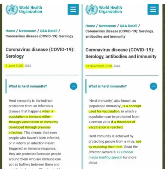 Skärmdump av WHO:s definition av flockimmunitet, jämför texten före och efter lanseringen av vaccin, visar ändrad formulering.