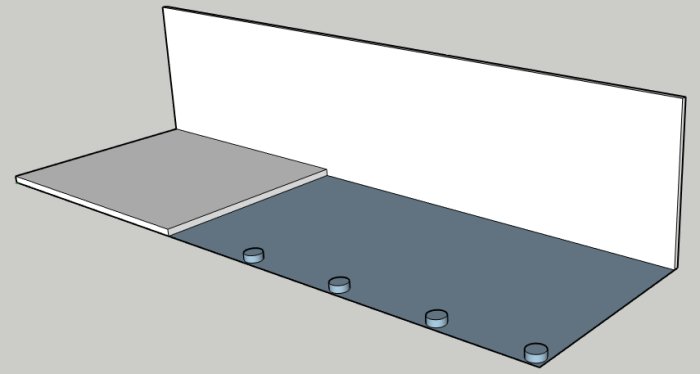 3D-modell av ett hörn med betongplatta, asfalterad yta, betongvägg och plintar.