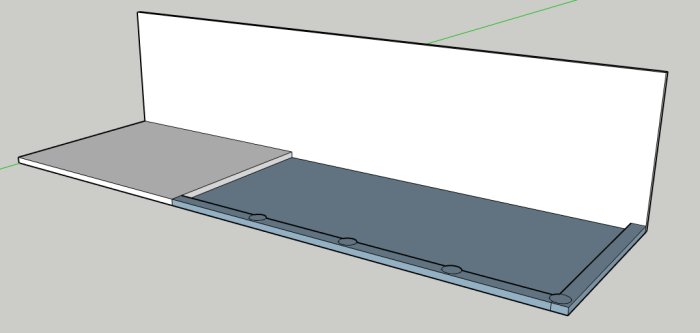 3D-modell som visar en grov betongplatta, asfalterad yta och betongplintar för förråd/carport.