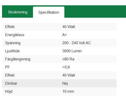 Tabell med specifikationer för en lampa, inkluderar effekt, energiklass, spänning, ljusflöde, färgåtergivning, PF, och mått.