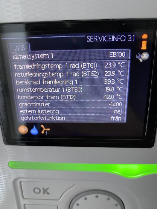 Display av klimatsystem som visar temperaturer för framledning, retur och rum, indikerar kallt inomhusklimat.