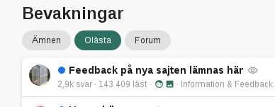 Webbsideutdrag med flikar för Ämnen, Olästa, Forum och en tråd om feedback på ny sajt.