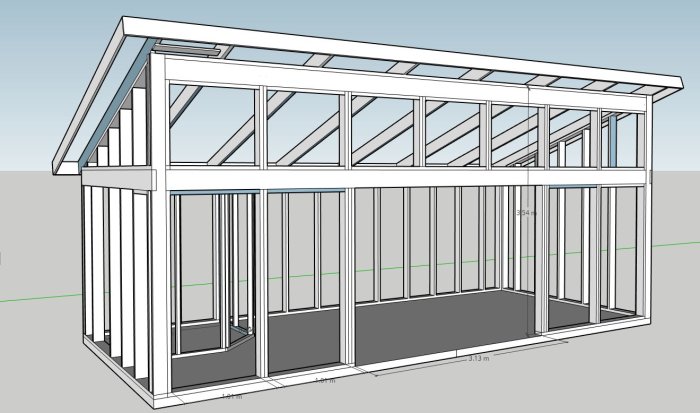 3D-modell av stående regelverk för byggprojekt med måttmarkeringar, utan hammarband och med bärlinor.