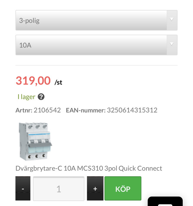 Skärmdump av en webbutik som visar en 3-polig dvärgbrytare 10A MCS310 Quick Connect med pris och köpknapp.