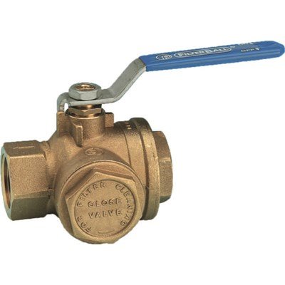 Trevägs kulventil i mässing med blått handtag och texten "FILTER CHECK GLOBE VALVE" på kroppen.