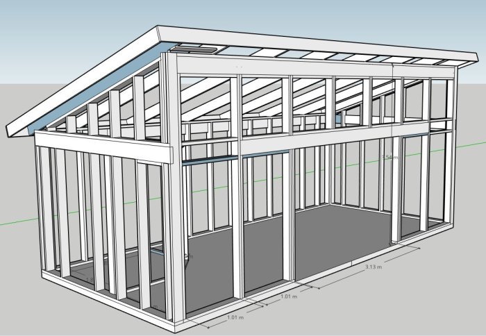 3D-modell av ett byggnadsstomme med måttangivelser för väggar och takstolar.