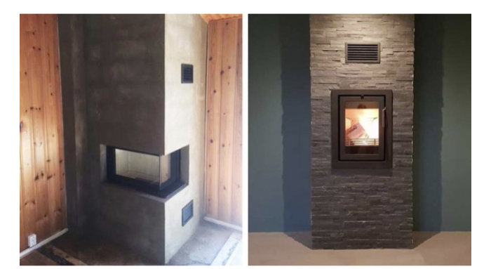Två moderna eldstäder med ventilation gallret högt upp på väggen.