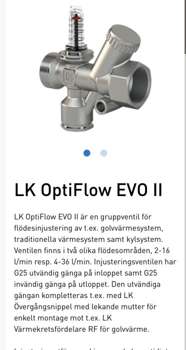LK OptiFlow EVO II gruppventil för justering av flöde i värmesystem, visa med mätare och anslutningsgängor.