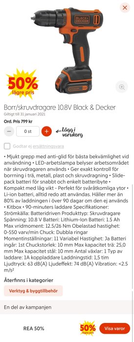 Black & Decker 10.8V skruvdragare på 50% rea, visar pris och produktspecifikationer på en skärm.