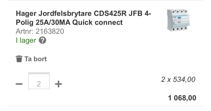 Hager jordfelsbrytare CDS425R JFB 4-polig med snabbanlutning i en webbshop, pris och "i lager" information synlig.