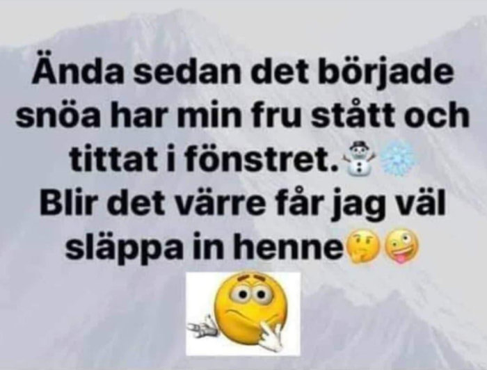 Text med skämt om att frun tittar ut genom snöigt fönster, emojis av snögubbe, snöflinga och tänkande ansikten.