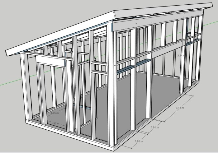 3D-modell av en trästomme för en byggnad med mått och reglar synliga.