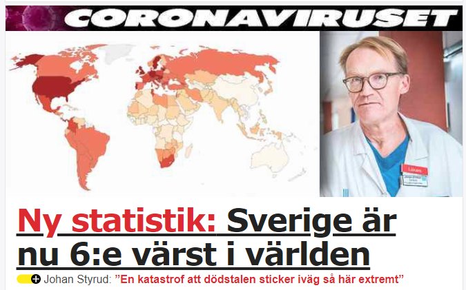 Karta som visar COVID-19:s påverkan i olika länder, med text "Sverige är nu 6:e värst i världen".