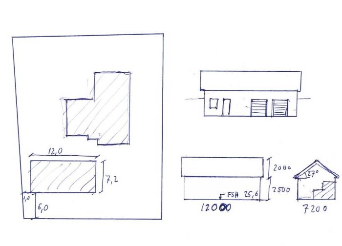 Skiss av ett byggprojekt med olika vyer och mått, inklusive ett garage längs en gata.