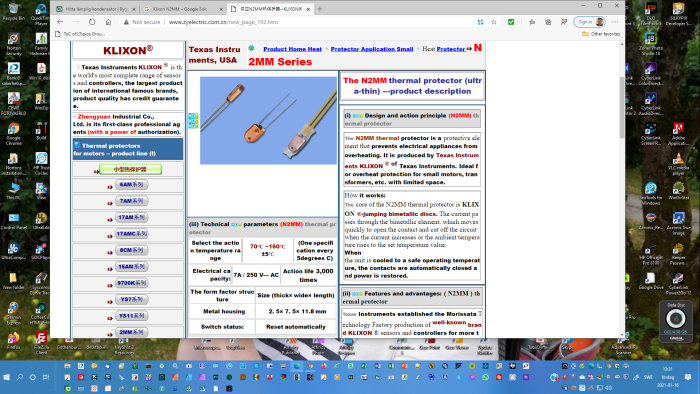 Skärmdump av datasida om Klixon N2MM termisk skydd med teknisk specifikation och bild av komponenten.