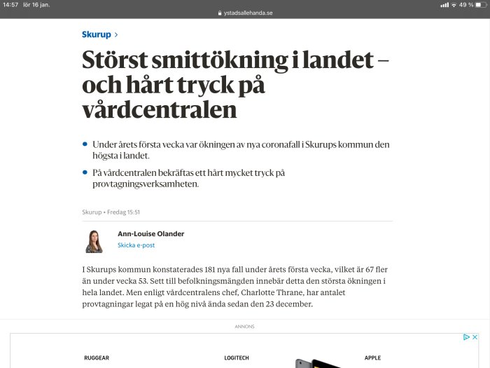 Skärmdump av en nyhetsartikel om smittökning och tryck på vårdcentralen i Skurups kommun.