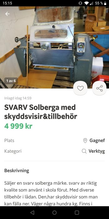 Träsvets för metallbearbetning från Solberga med skyddsvisir och tillbehör som säljs för 4 999 kr.