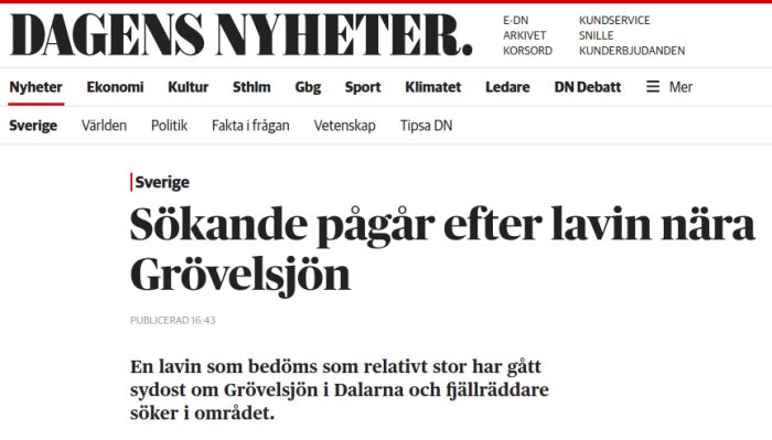 Skärmdump av nyhetsrubrik "Sökande pågår efter lavin nära Grövelsjön" från Dagens Nyheter.