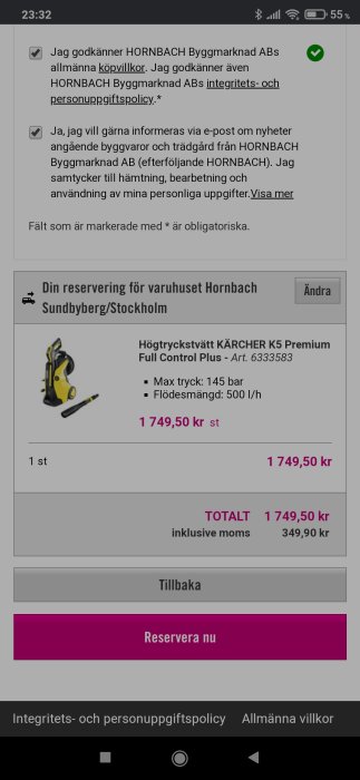 Skärmdump av online-reservation för högtryckstvätt KÄRCHER K5 Premium på Hornbachs webbplats.